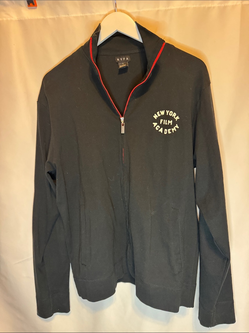 New York Film Academy Black Zip-Up Jacket with Red Trim men’s large.
